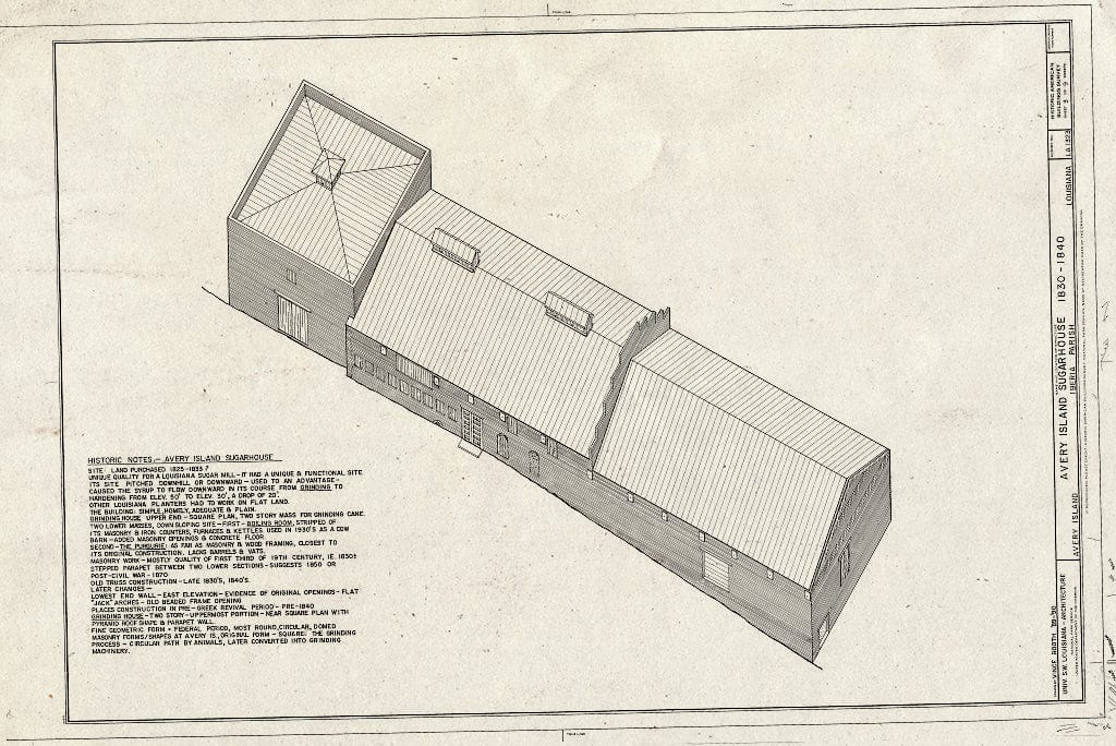 Blueprint 3D Drawing with Notes - Avery Island Sugarhouse, Avery Island, Iberia Parish, LA