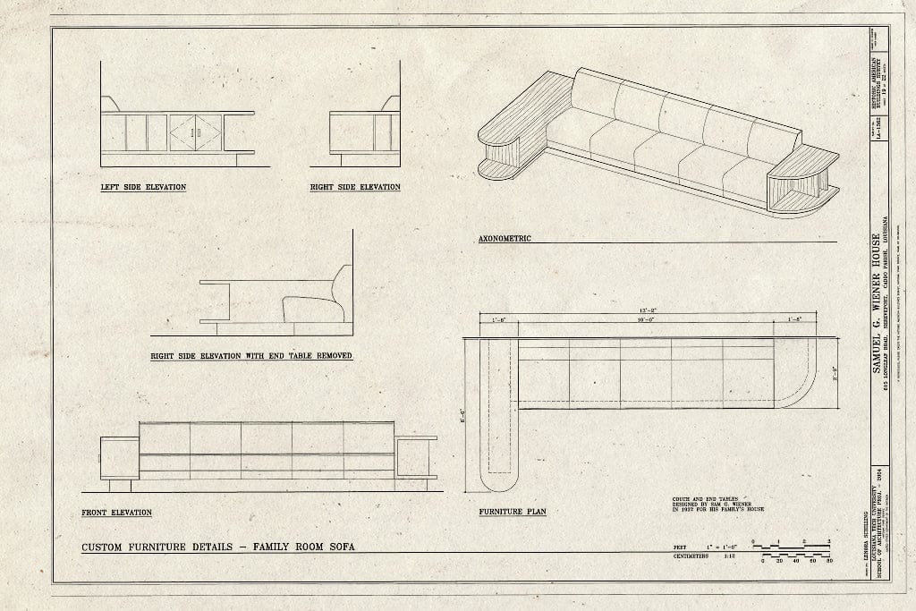 Blueprint Custom Furniture Details - Family Room Sofa - Samuel G. Wiener House, 615 Longleaf Road, Shreveport, Caddo Parish, LA