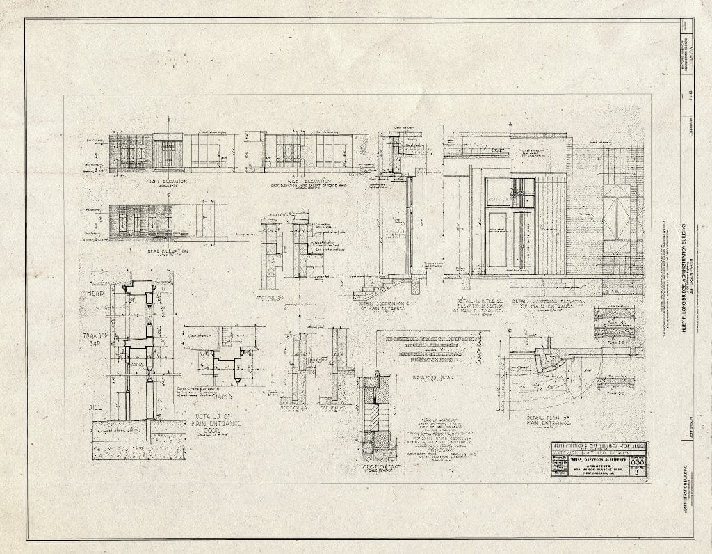 Blueprint Exterior & Interior Details - Huey P. Long Bridge, Administration Building, 5100 Jefferson Highway, Jefferson, Jefferson Parish, LA