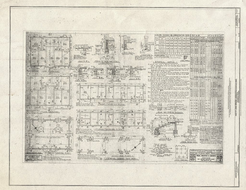 Blueprint Footing, Floor, Roof - Plans & Details - Huey P. Long Bridge, Administration Building, 5100 Jefferson Highway, Jefferson, Jefferson Parish, LA