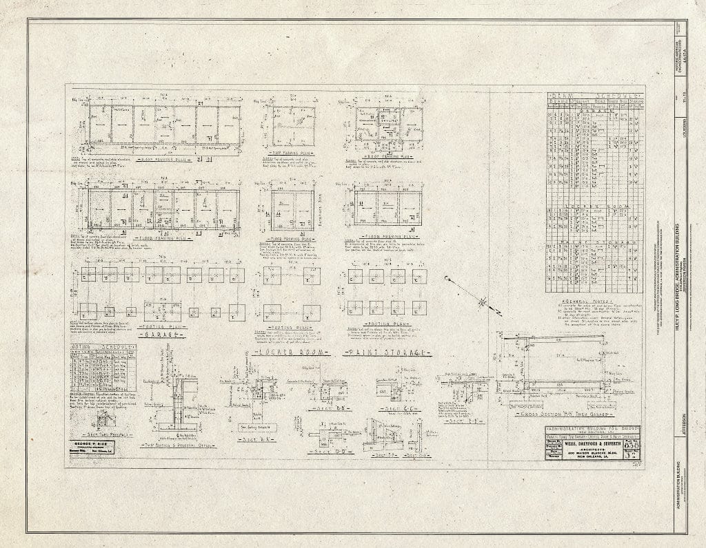 Blueprint Framing Plans for Garage, Locker Room, Paint Storage - Huey P. Long Bridge, Administration Building, 5100 Jefferson Highway, Jefferson, Jefferson Parish, LA