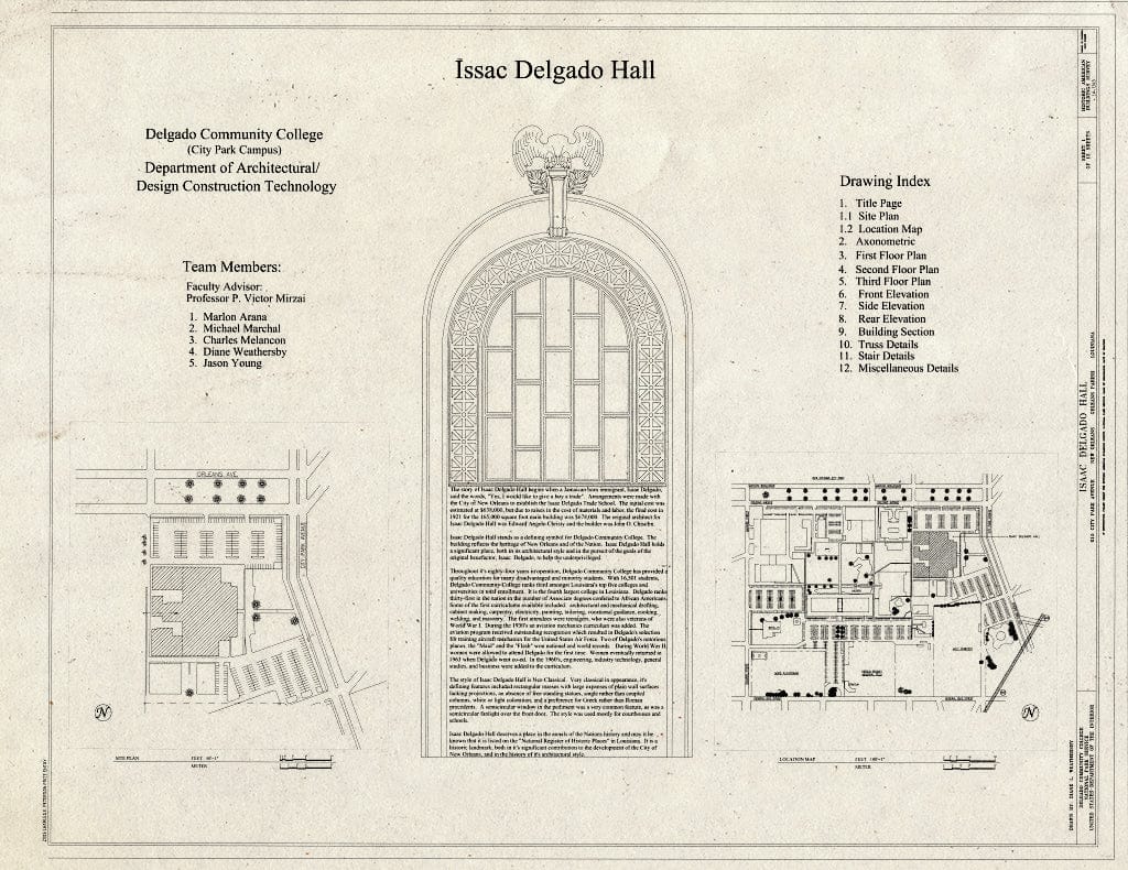 Blueprint Cover Page and Statement of Significance - Isaac Delgado Hall, Delgado Community College, 615 City Park Avenue, New Orleans, Orleans Parish, LA