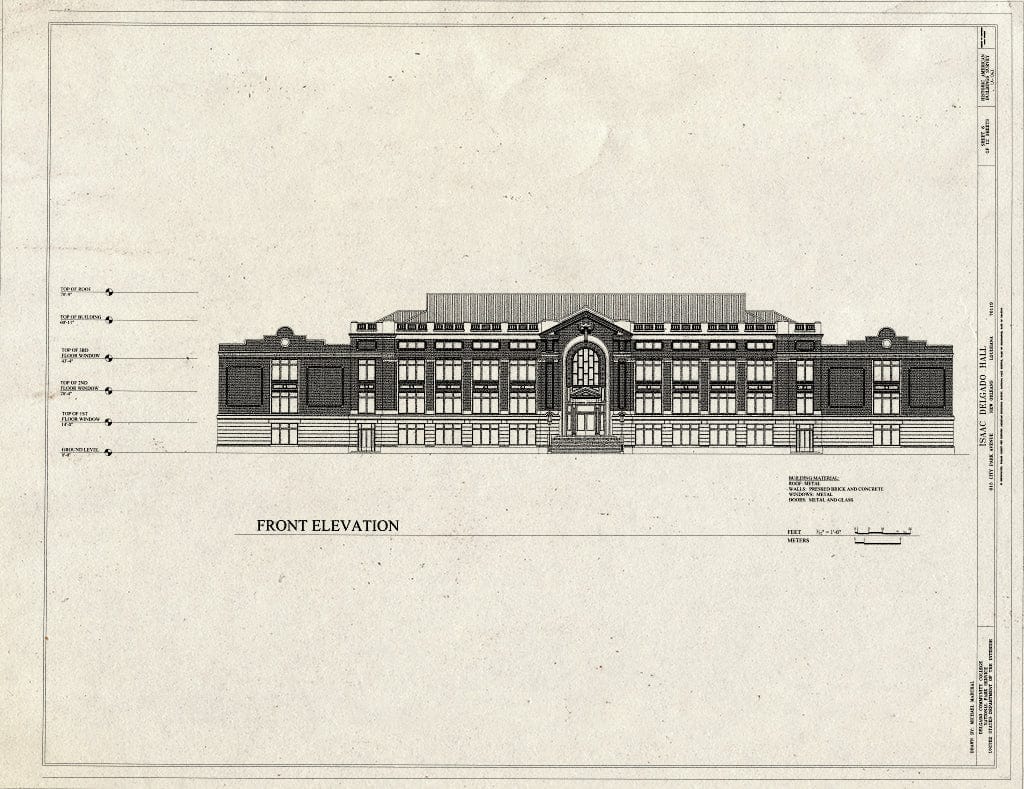 Blueprint Front Elevation - Isaac Delgado Hall, Delgado Community College, 615 City Park Avenue, New Orleans, Orleans Parish, LA