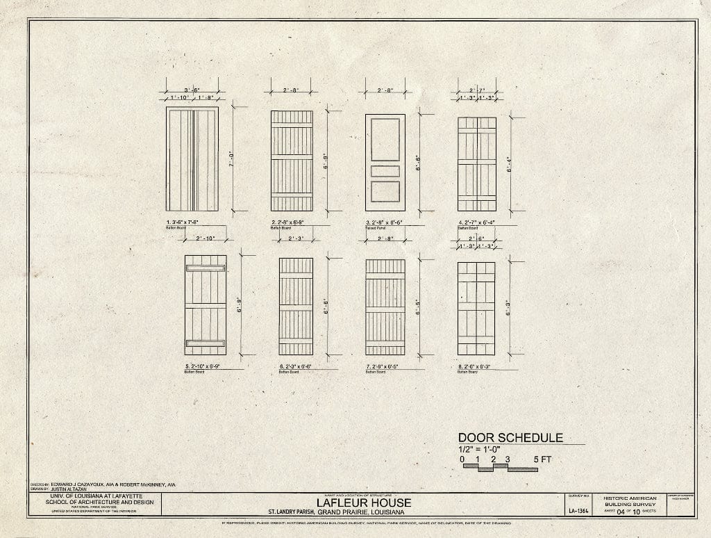 Blueprint Door Schedule - Lafleur House, 753 LA 748, Grand Prairie, St. Landry Parish, LA