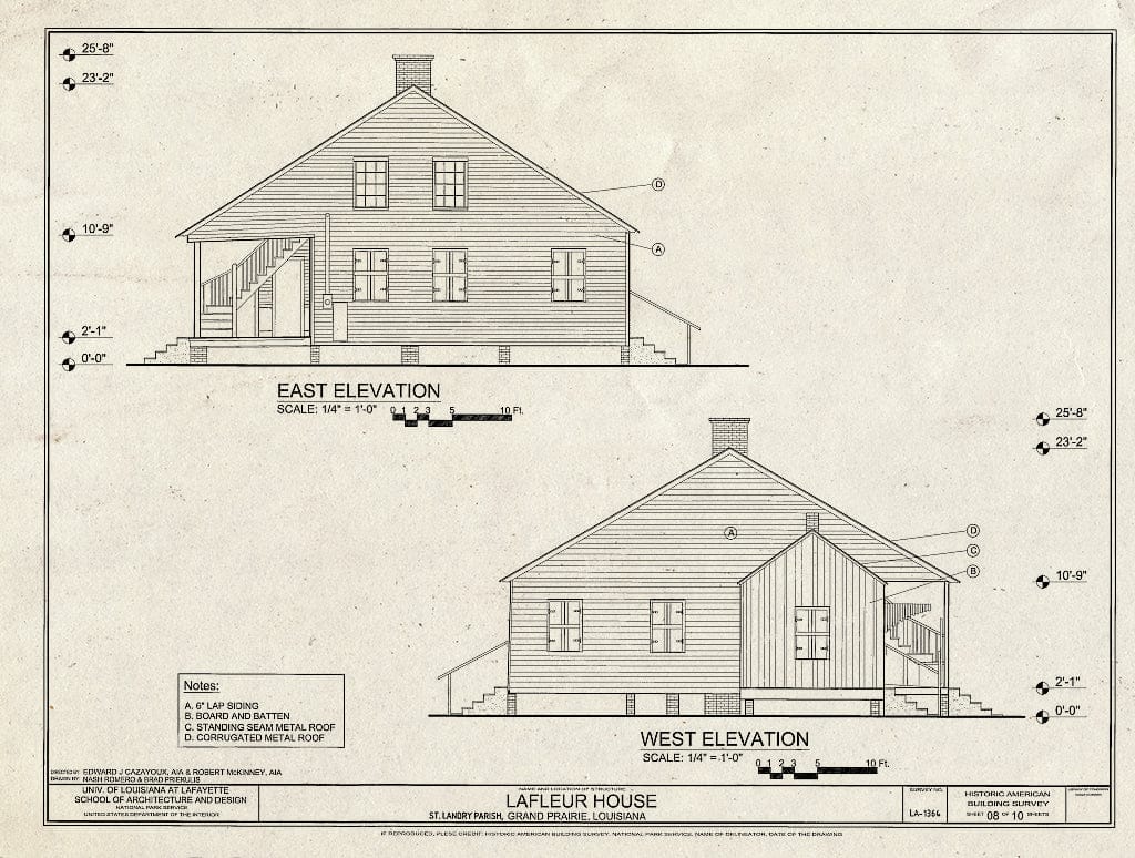 Blueprint East & West Elevation - Lafleur House, 753 LA 748, Grand Prairie, St. Landry Parish, LA