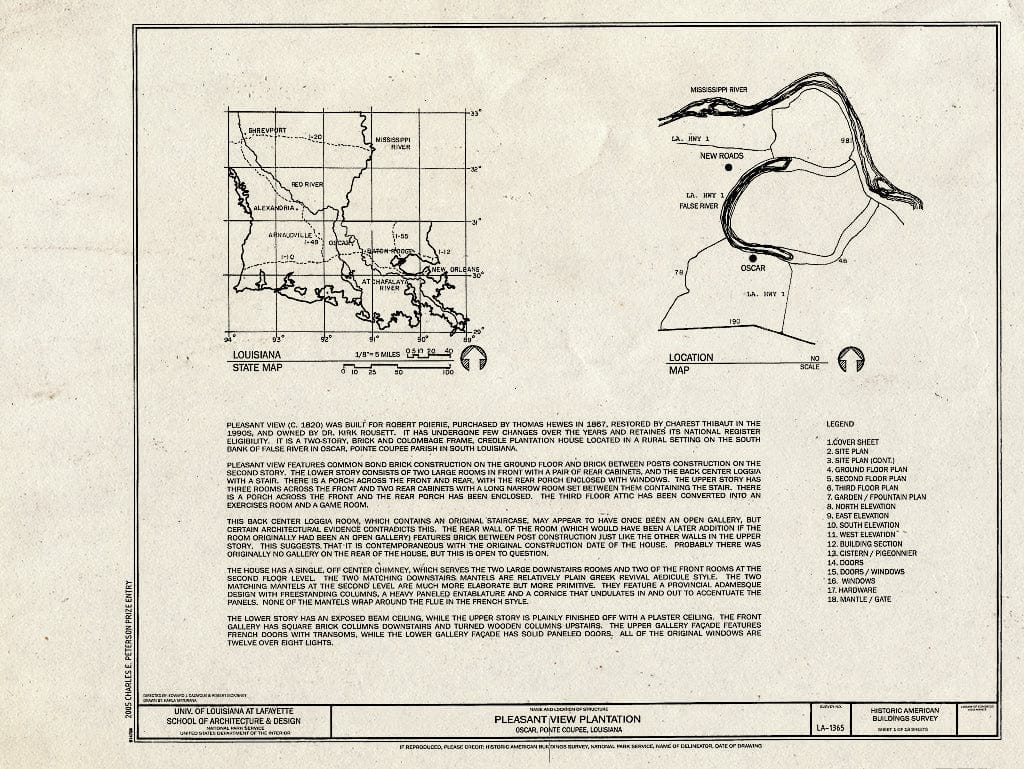 Blueprint Cover Sheet - Pleasant View Plantation, Oscar, Pointe Coupee Parish, LA