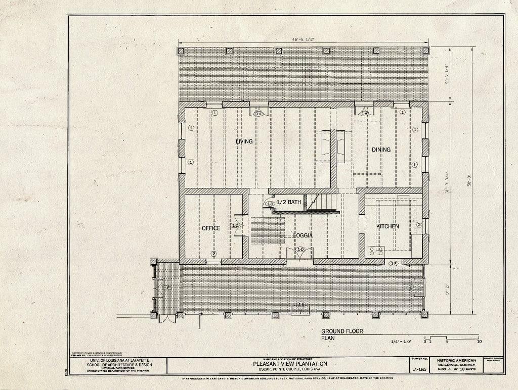 Blueprint Ground Floor Plan - Pleasant View Plantation, Oscar, Pointe Coupee Parish, LA