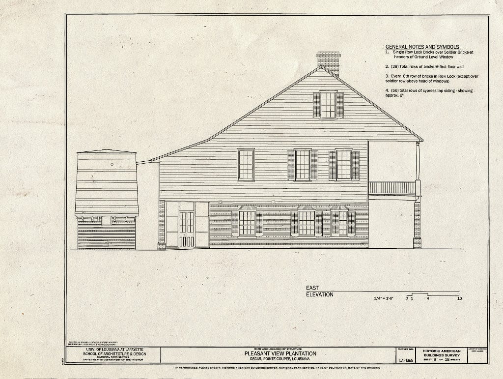 Blueprint East Elevation - Pleasant View Plantation, Oscar, Pointe Coupee Parish, LA