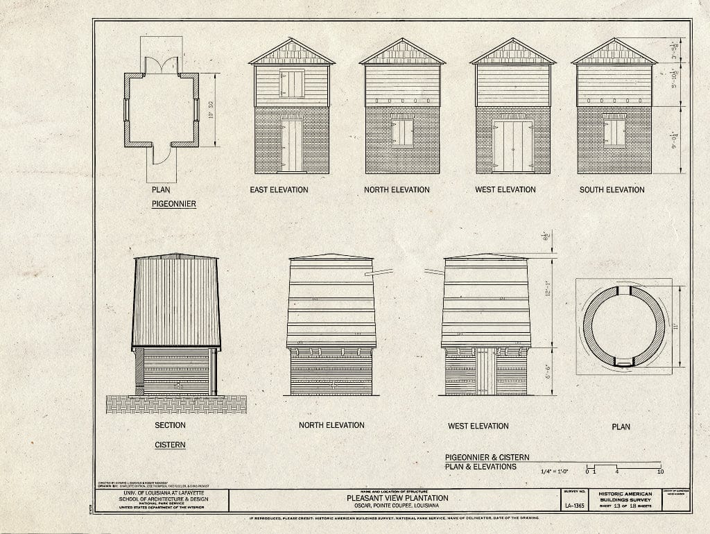 Blueprint Cistern & Pigeonnier - Pleasant View Plantation, Oscar, Pointe Coupee Parish, LA