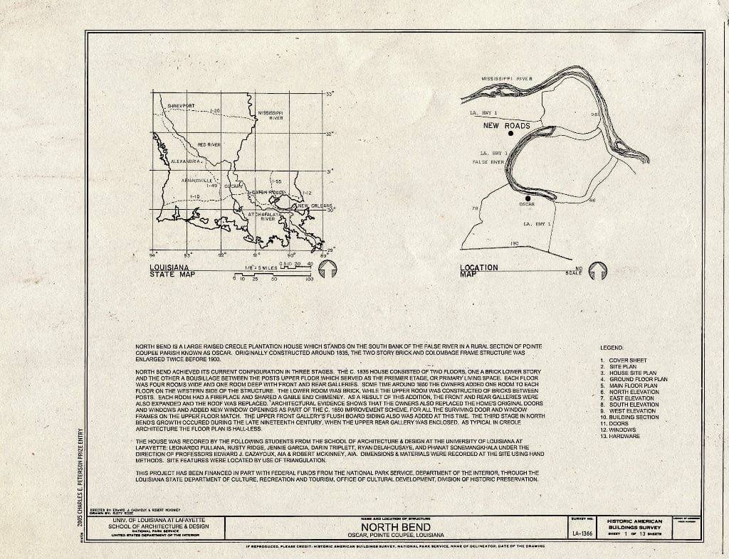 Blueprint Cover Sheet - North Bend Plantation, Oscar, Pointe Coupee Parish, LA