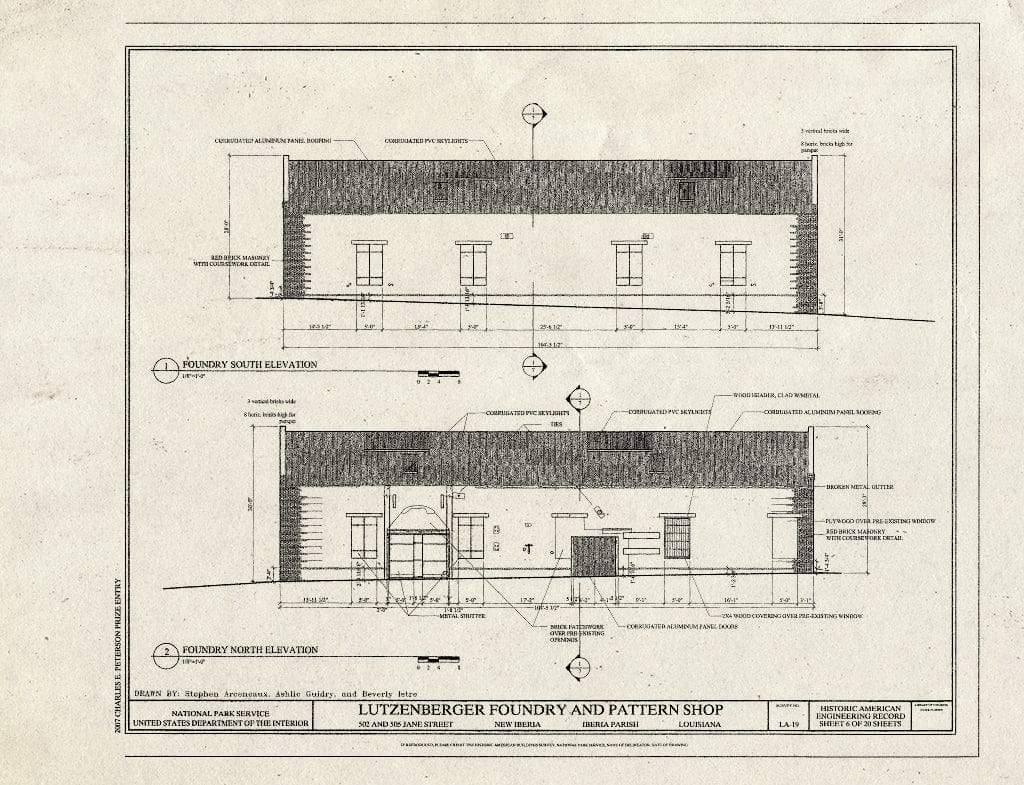 Blueprint Foundry South & North Elevation - Lutzenberger Foundry and Pattern Shop, 502 and 505 Jane Street, New Iberia, Iberia Parish, LA