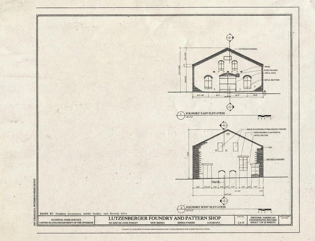 Blueprint Foundry East & West Elevation - Lutzenberger Foundry and Pattern Shop, 502 and 505 Jane Street, New Iberia, Iberia Parish, LA