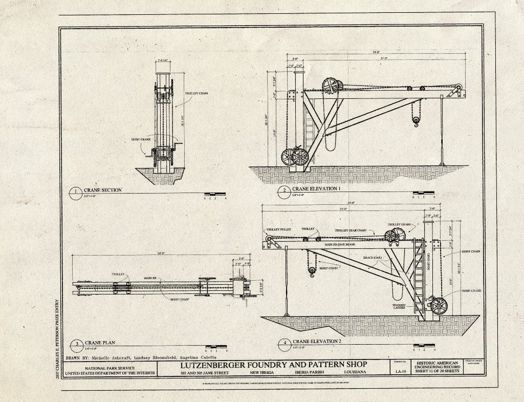 Blueprint Crane Elevation, Section, and Plan - Lutzenberger Foundry and Pattern Shop, 502 and 505 Jane Street, New Iberia, Iberia Parish, LA