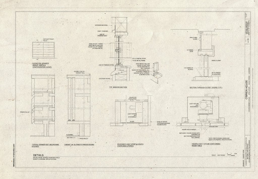 Blueprint Details, Including Light fixtures, cabinetry, and Windows - O'Brien House, 4740 Richmond Avenue, Shreveport, Caddo Parish, LA