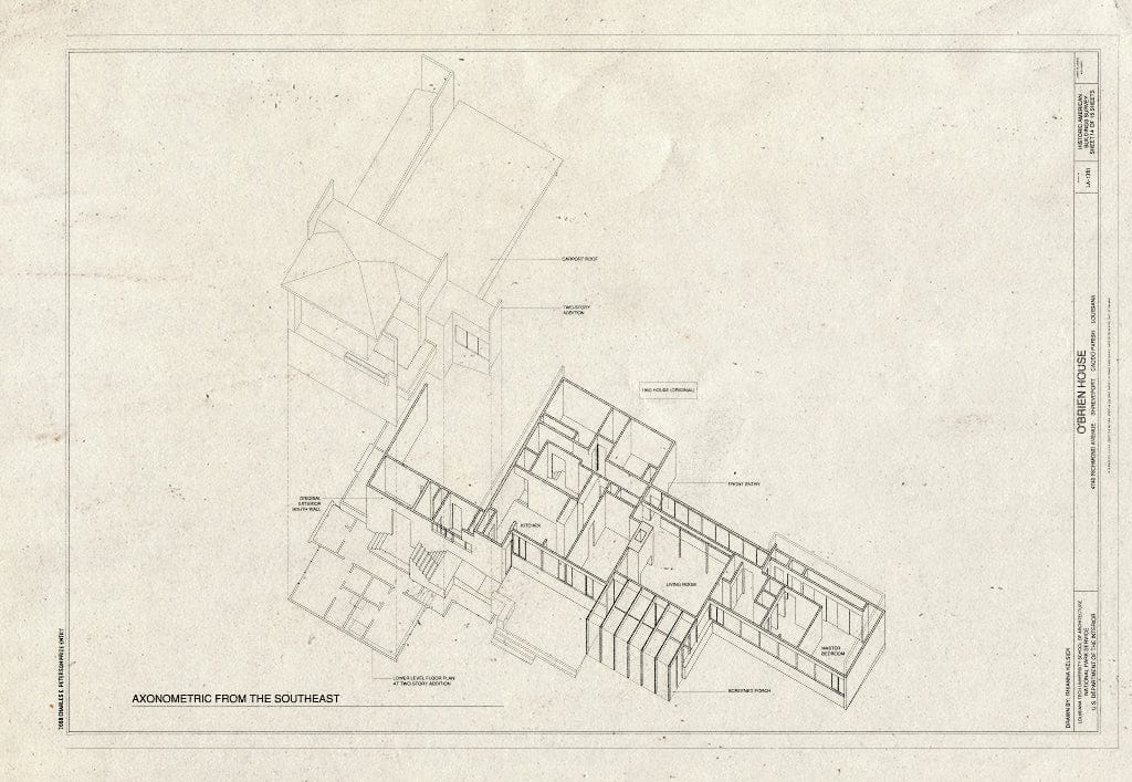 Blueprint Axonometric from Southeast - O'Brien House, 4740 Richmond Avenue, Shreveport, Caddo Parish, LA