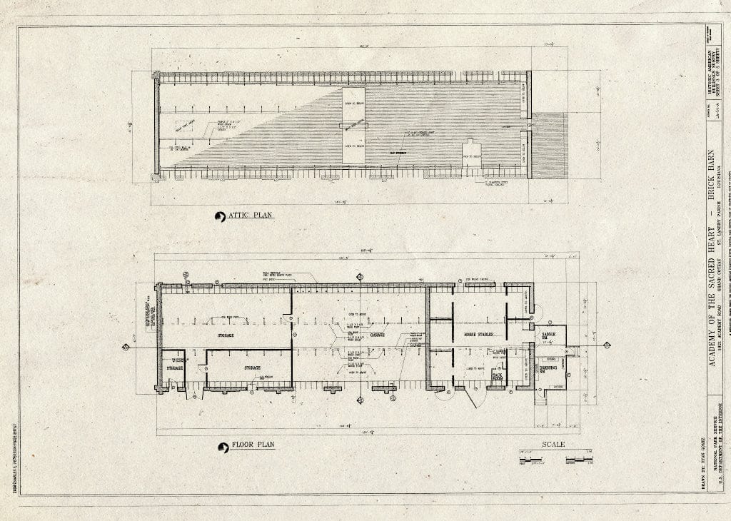 Blueprint Floor & attic Plans - Convent of The Sacred Heart, Brick Barn, 1821 Academy Road, Grand Coteau, St. Landry Parish, LA