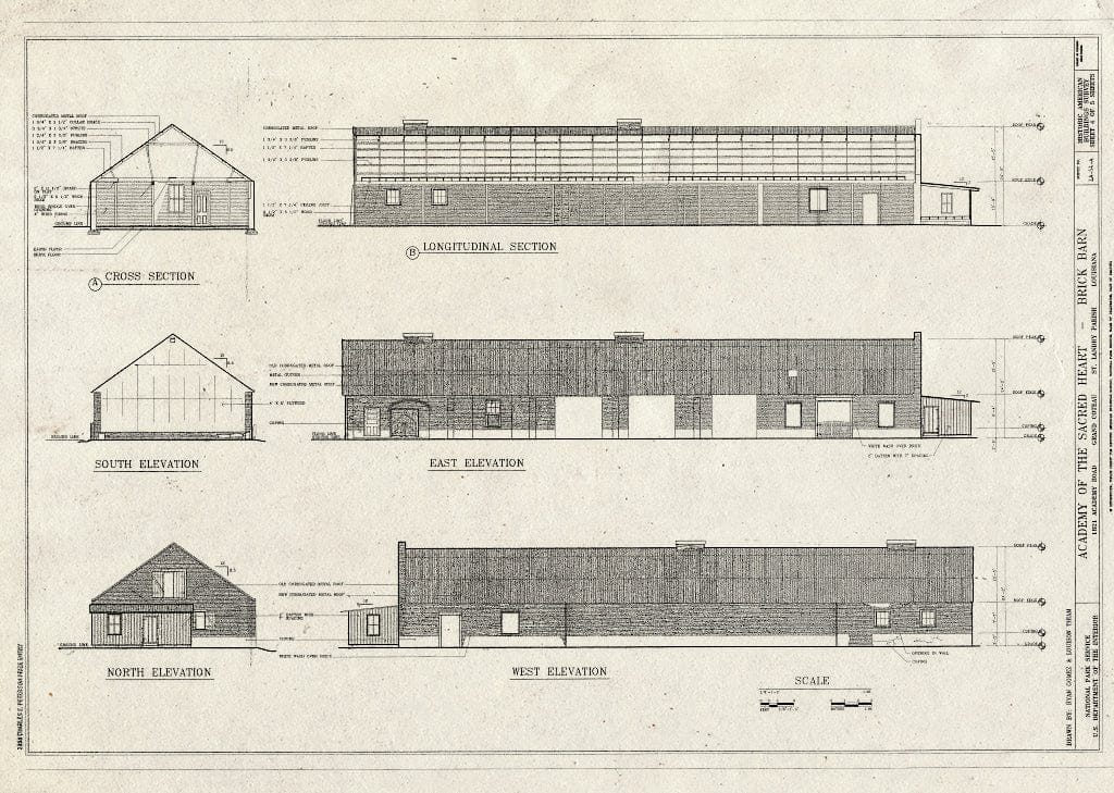 Blueprint Elevations - Convent of The Sacred Heart, Brick Barn, 1821 Academy Road, Grand Coteau, St. Landry Parish, LA