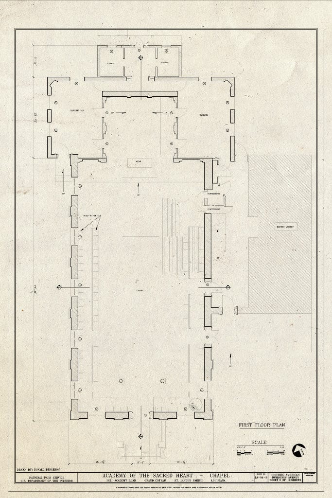 Blueprint First Floor Plan - Convent of The Sacred Heart, Chapel, 1821 Academy Road, Grand Coteau, St. Landry Parish, LA