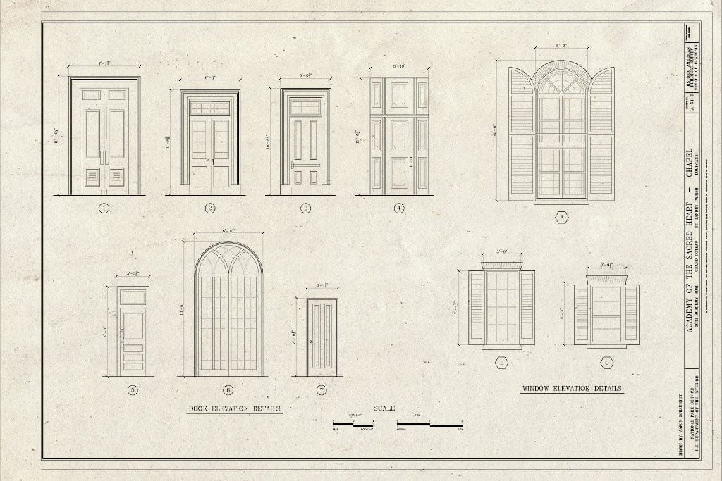 Blueprint Door & Window Details - Convent of The Sacred Heart, Chapel, 1821 Academy Road, Grand Coteau, St. Landry Parish, LA