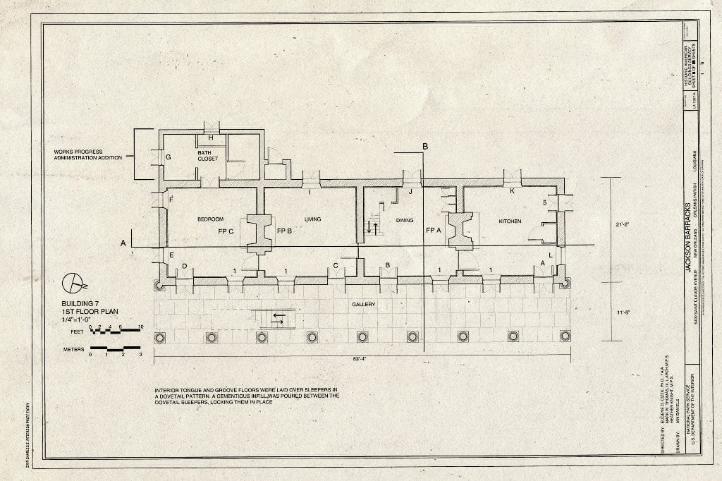 Blueprint First Floor Plan - Jackson Barracks, Officers Quarters, 6400 Saint Claude Avenue, New Orleans, Orleans Parish, LA