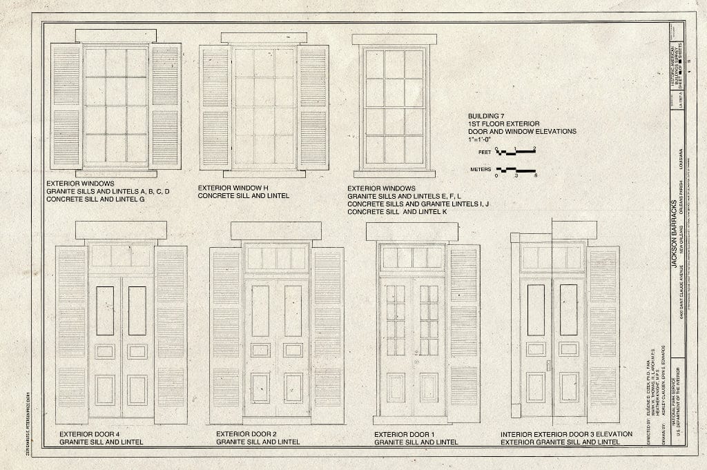 Blueprint First Floor Exterior Door and Window Elevations - Jackson Barracks, Officers Quarters, 6400 Saint Claude Avenue, New Orleans, Orleans Parish, LA