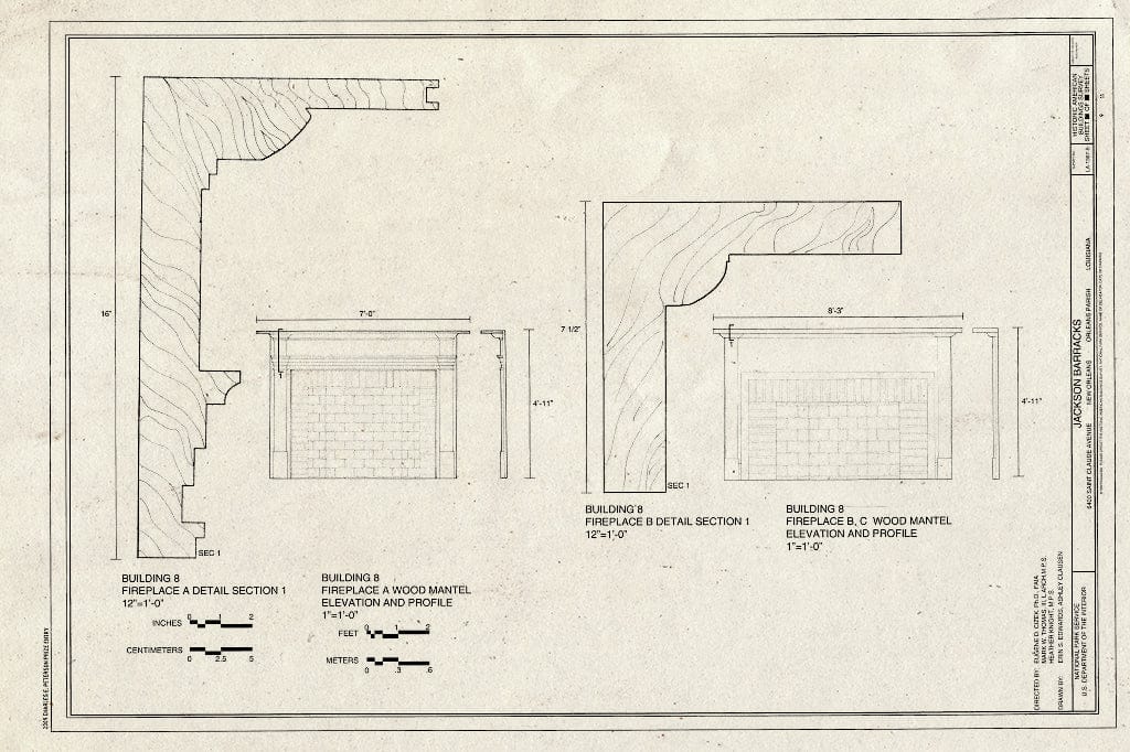 Blueprint Fireplace Details - Jackson Barracks, Officers Quarters, 6400 Saint Claude Avenue, New Orleans, Orleans Parish, LA