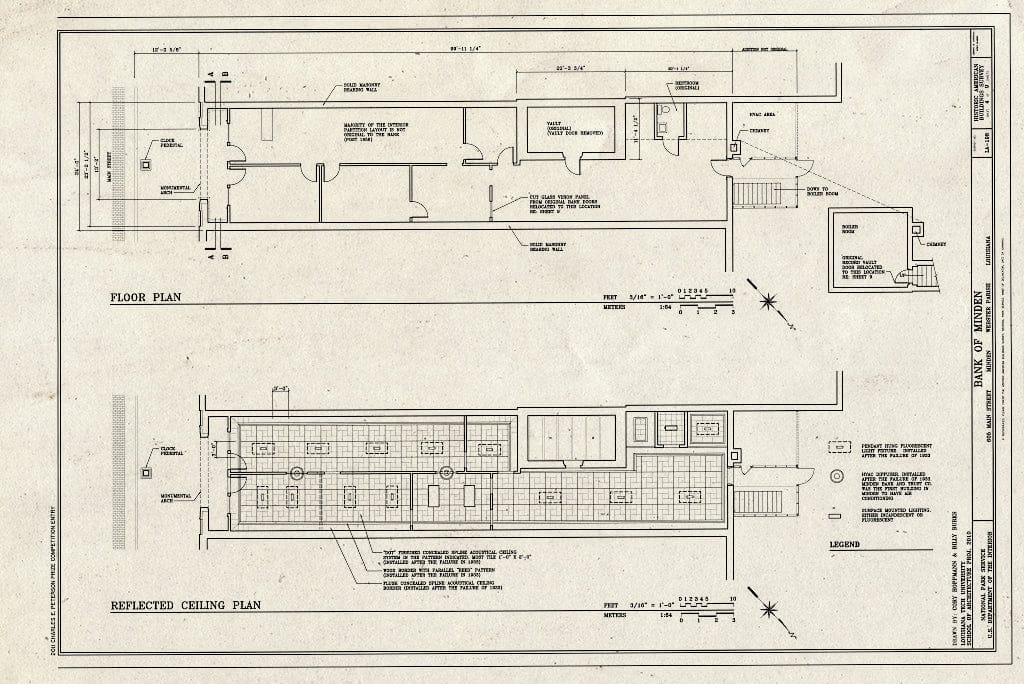 Blueprint Floor Plan and Reflected Ceiling Plan - Bank of Minden, 605 Main Street, Minden, Webster Parish, LA