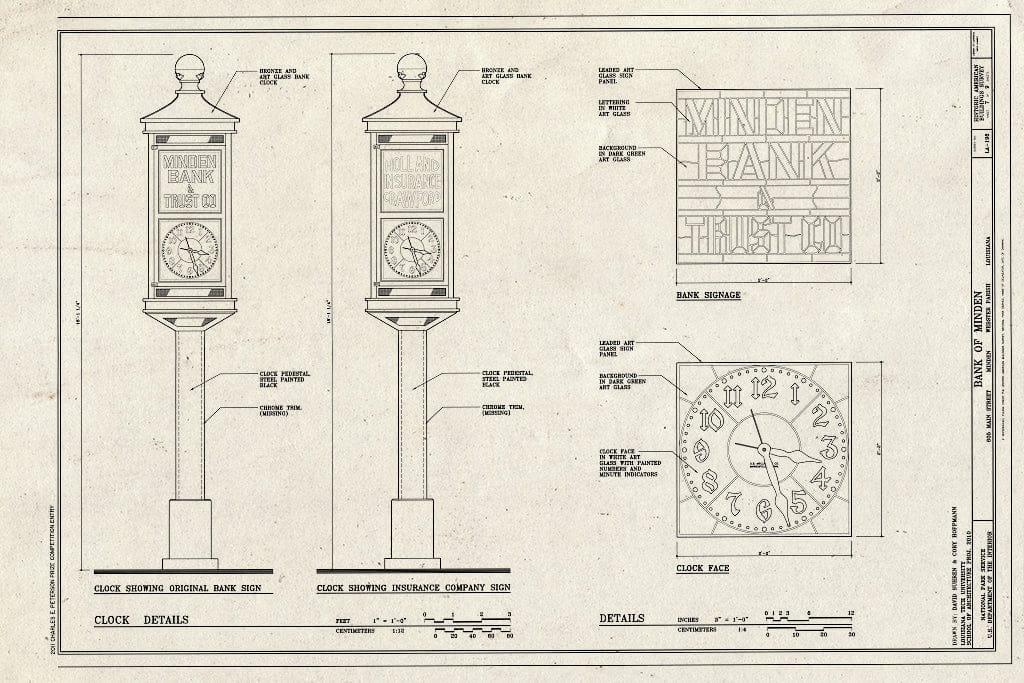 Blueprint Clock Details and Bank Signage - Bank of Minden, 605 Main Street, Minden, Webster Parish, LA