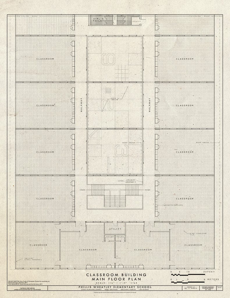 Blueprint Classroom Building Main Floor Plan - Phillis Wheatley Elementary School, 2300 Dumaine Street, New Orleans, Orleans Parish, LA