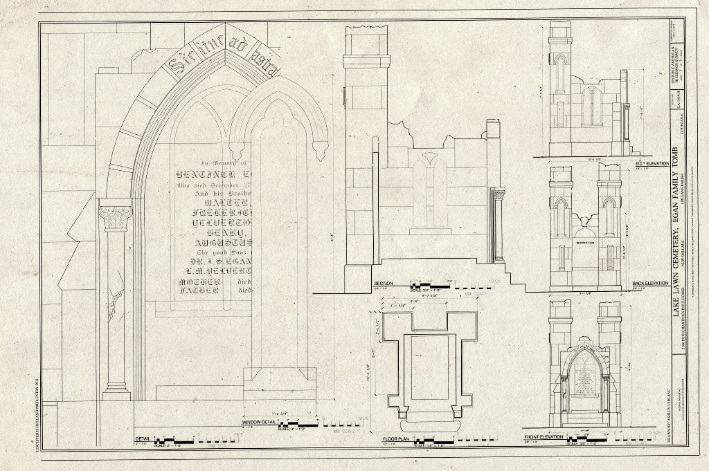 Blueprint elevations, Floor Plan, Section, Window Detail - Lake Lawn Cemetery, Egan Family Tomb, 5100 Pontchartrain Boulevard, New Orleans, Orleans Parish, LA