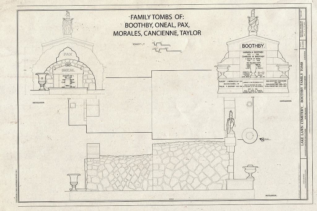 Blueprint elevations, Plan - Lake Lawn Cemetery, Boothby Family Tomb, 5100 Pontchartrain Boulevard, New Orleans, Orleans Parish, LA