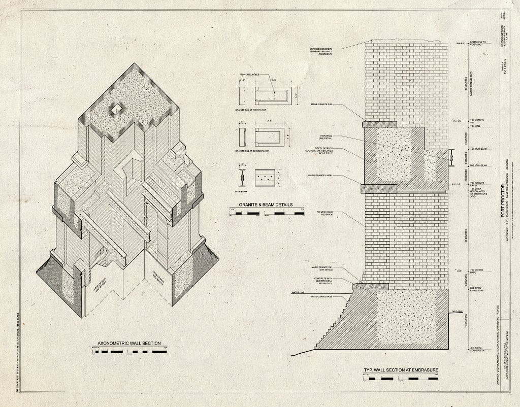 Blueprint Axonometric Wall Section and Typical Wall Section at Embrasure - Fort Proctor, Lake Borgne, Shell Beach, St. Bernard Parish, LA