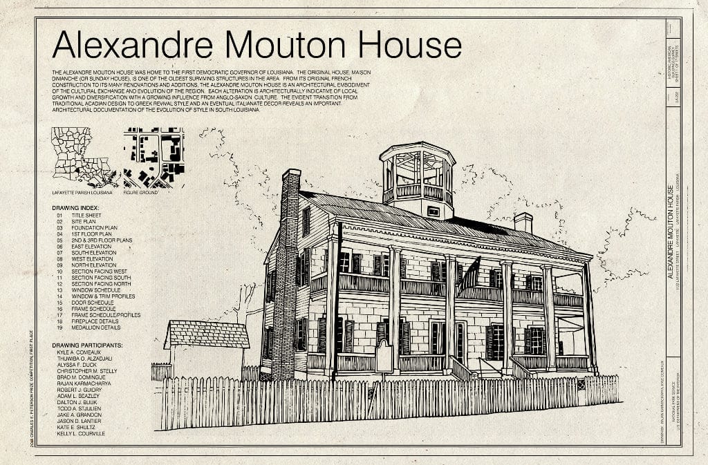 Blueprint Cover Sheet - Alexandre Mouton House, 1122 Lafayette Street, Lafayette, Lafayette Parish, LA