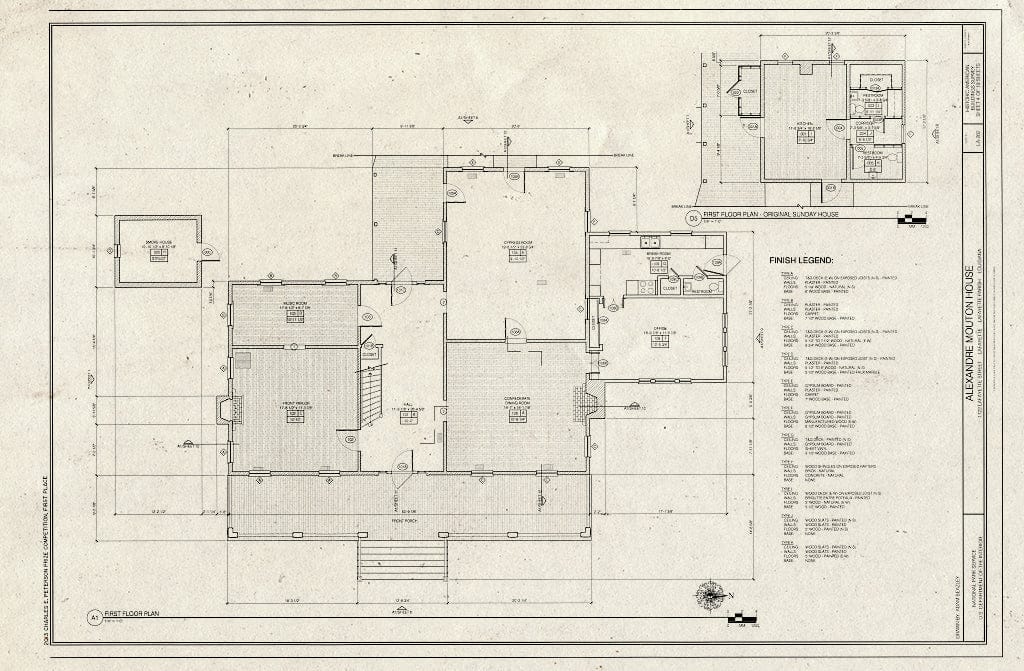 Blueprint First Floor Plan and First Floor Plan of Original Sunday House - Alexandre Mouton House, 1122 Lafayette Street, Lafayette, Lafayette Parish, LA