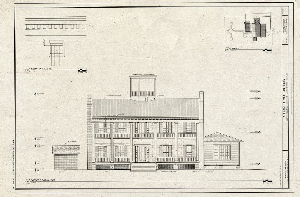 Blueprint East Elevation - Alexandre Mouton House, 1122 Lafayette Street, Lafayette, Lafayette Parish, LA