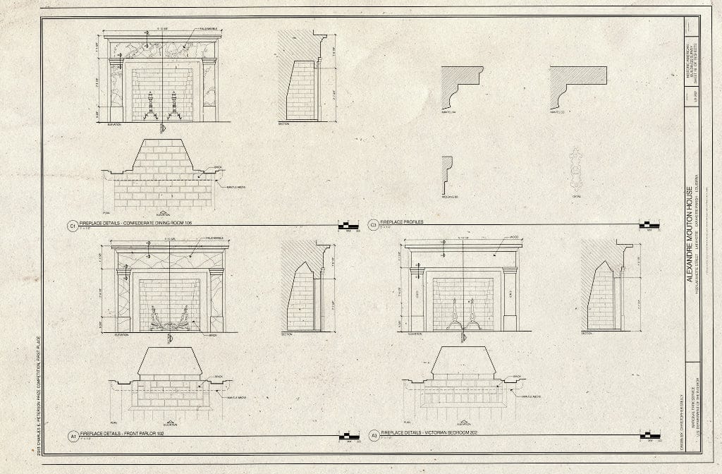 Blueprint Fireplace Details - Alexandre Mouton House, 1122 Lafayette Street, Lafayette, Lafayette Parish, LA