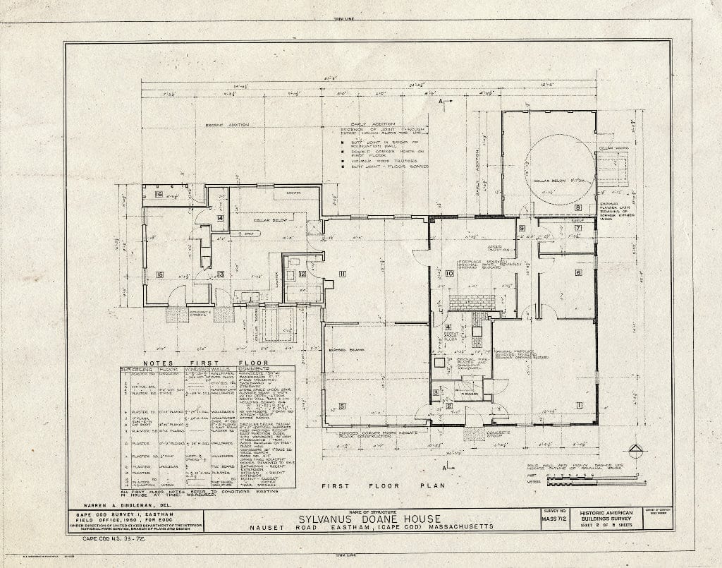 Blueprint 2. First Floor Plan - Sylvanus Doane House, Nauset Road, Eastham, Barnstable County, MA