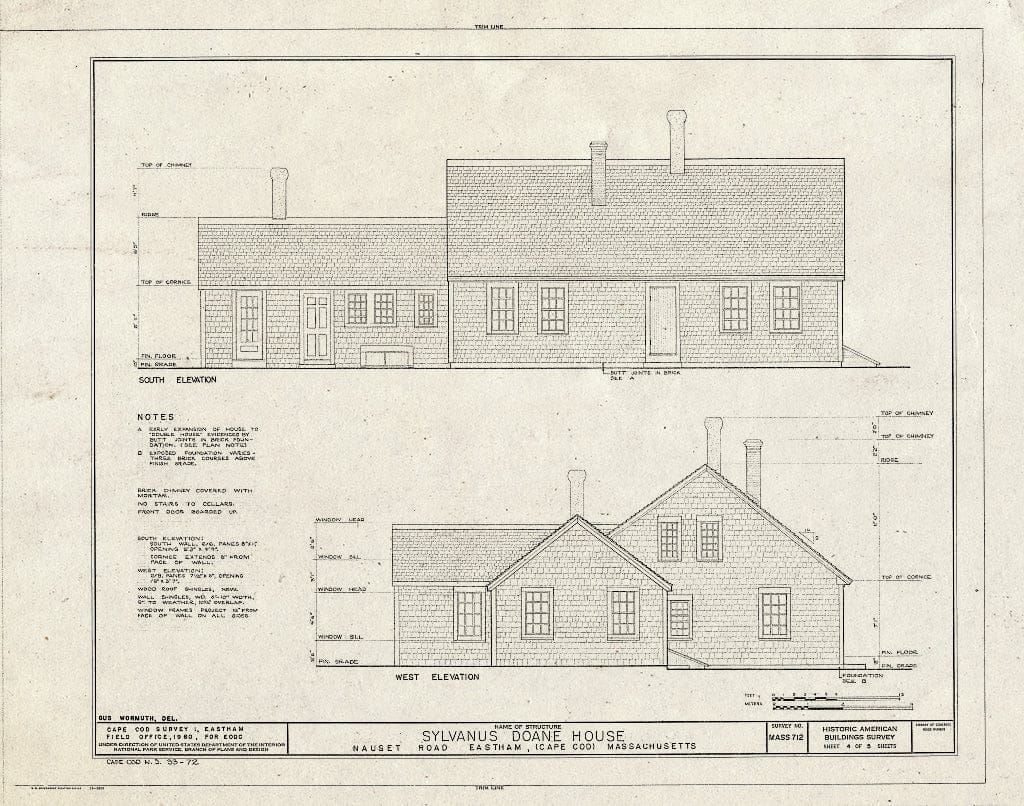 Blueprint 4. South and west elevations - Sylvanus Doane House, Nauset Road, Eastham, Barnstable County, MA