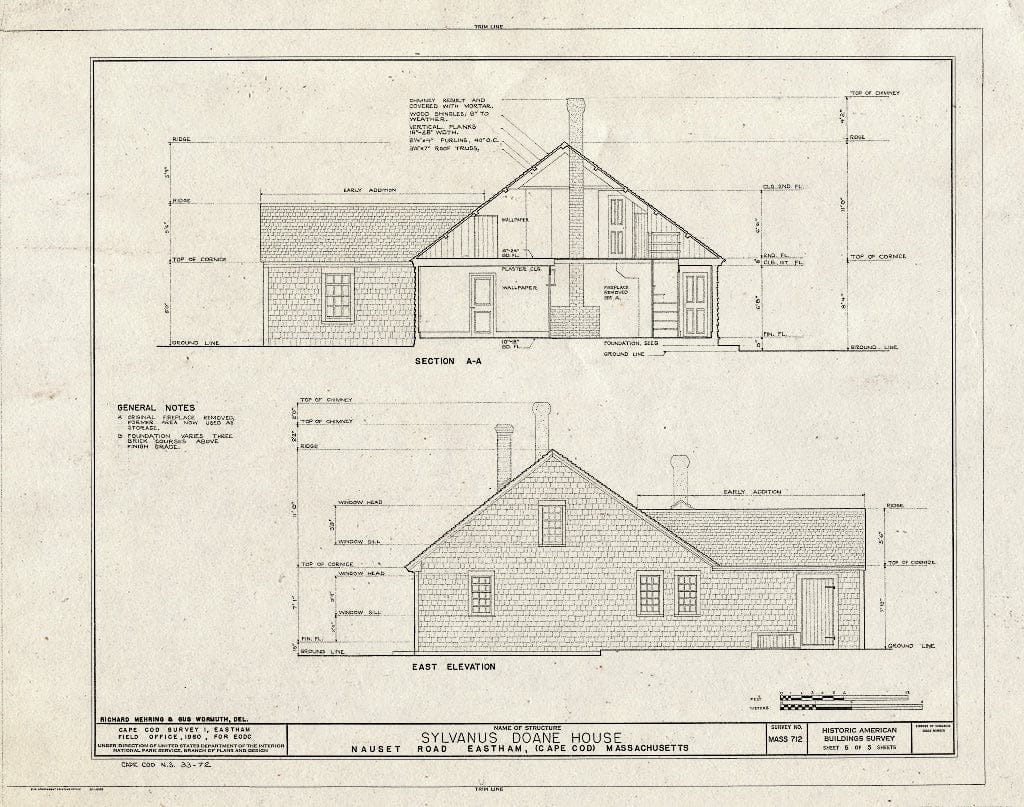 Blueprint 5. East Elevation and Section A-A - Sylvanus Doane House, Nauset Road, Eastham, Barnstable County, MA