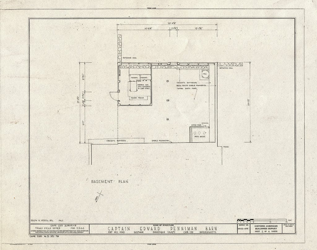 Blueprint 2. Basement Plan - Captain Edward Penniman Barn, Fort Hill Road, Eastham, Barnstable County, MA