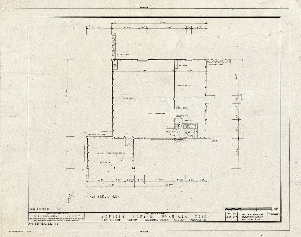 Blueprint 3. First Floor Plan - Captain Edward Penniman Barn, Fort Hill Road, Eastham, Barnstable County, MA