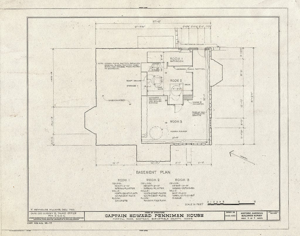 Blueprint 3. Basement Plan - Captain Edward Penniman House, Fort Hill Road, Eastham, Barnstable County, MA