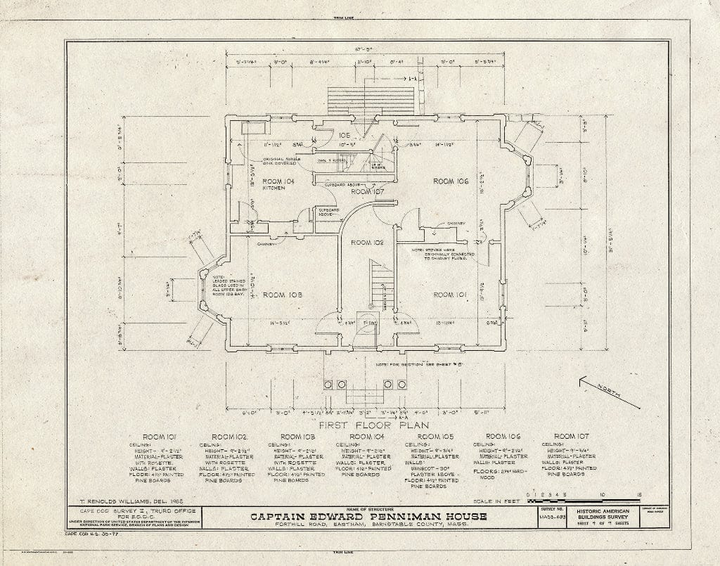 Blueprint 4. First Floor Plan - Captain Edward Penniman House, Fort Hill Road, Eastham, Barnstable County, MA