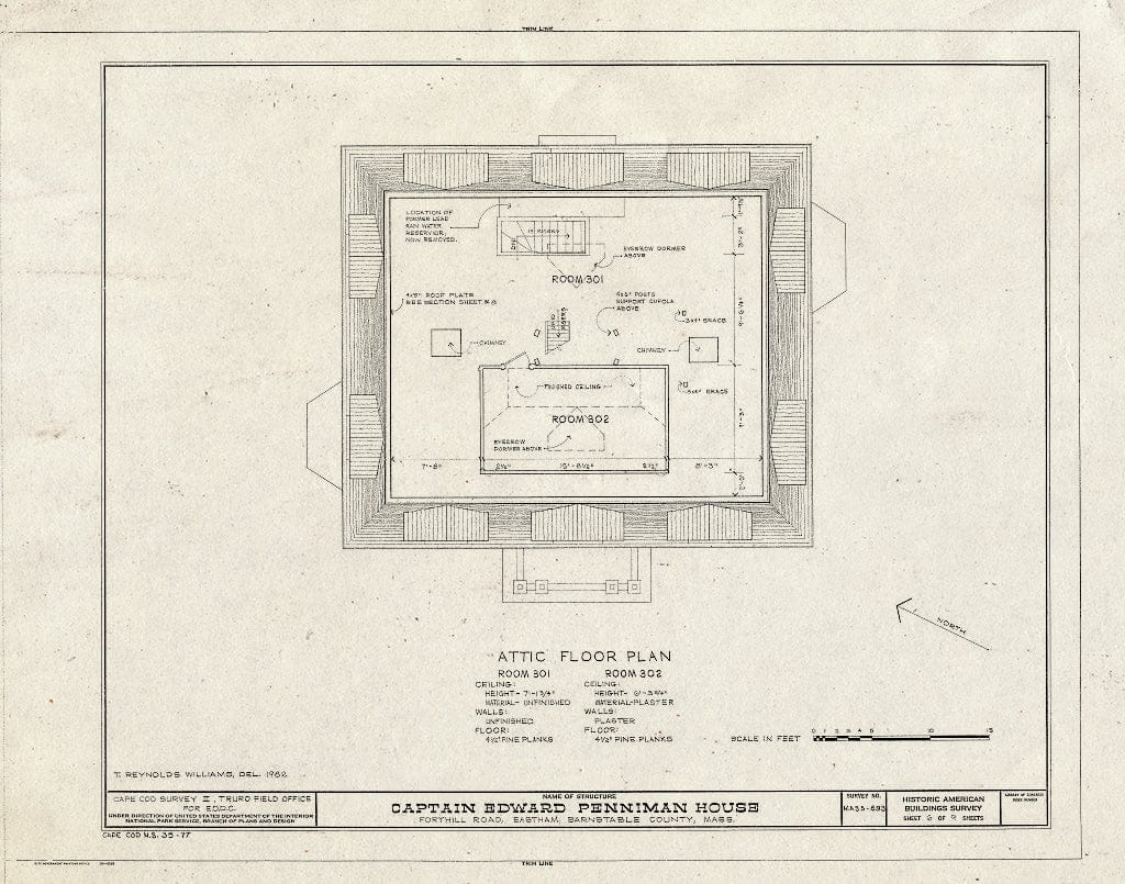 Blueprint 6. Attic Floor Plan - Captain Edward Penniman House, Fort Hill Road, Eastham, Barnstable County, MA