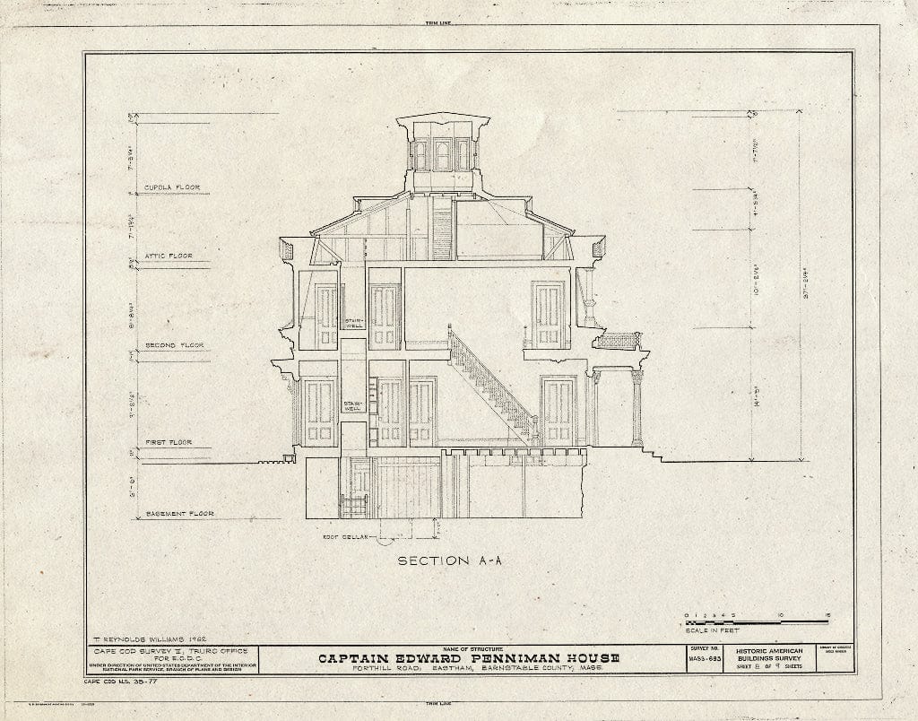 Blueprint 8. Section A-A - Captain Edward Penniman House, Fort Hill Road, Eastham, Barnstable County, MA