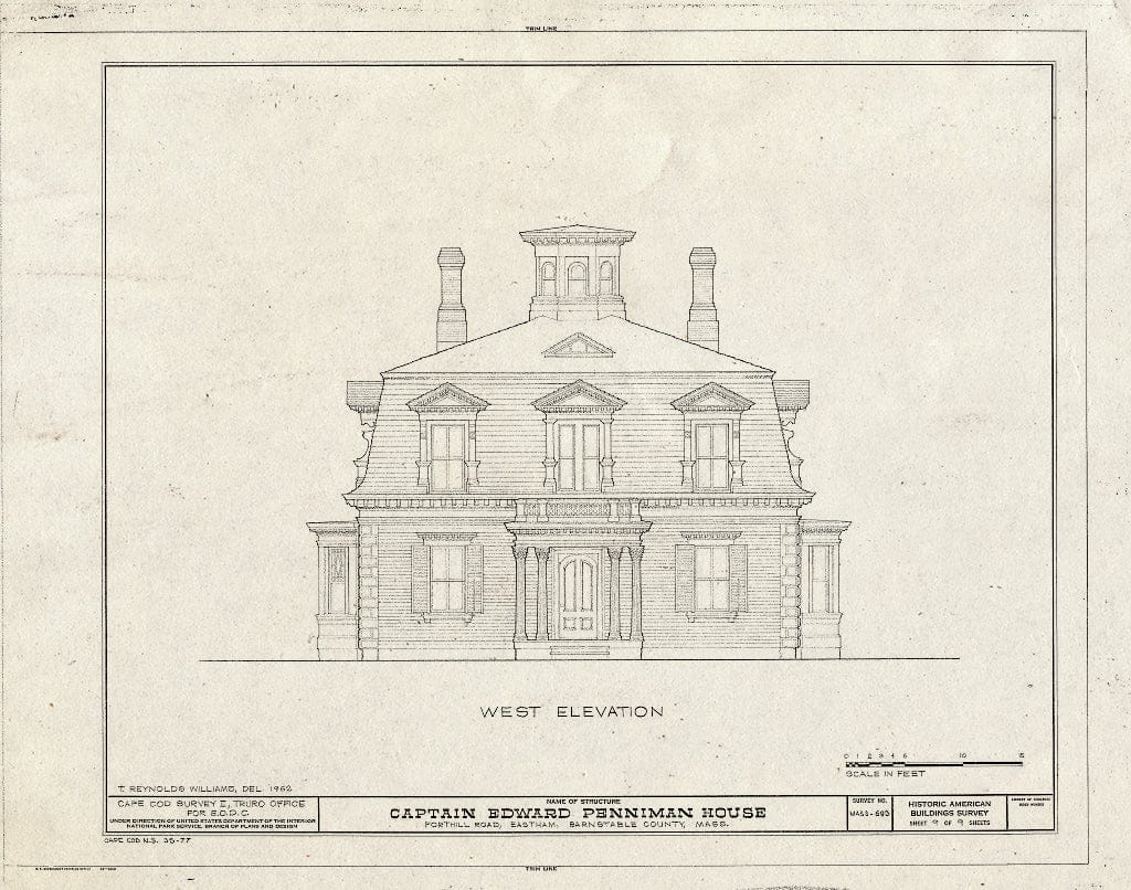 Blueprint 9. West Elevation - Captain Edward Penniman House, Fort Hill Road, Eastham, Barnstable County, MA