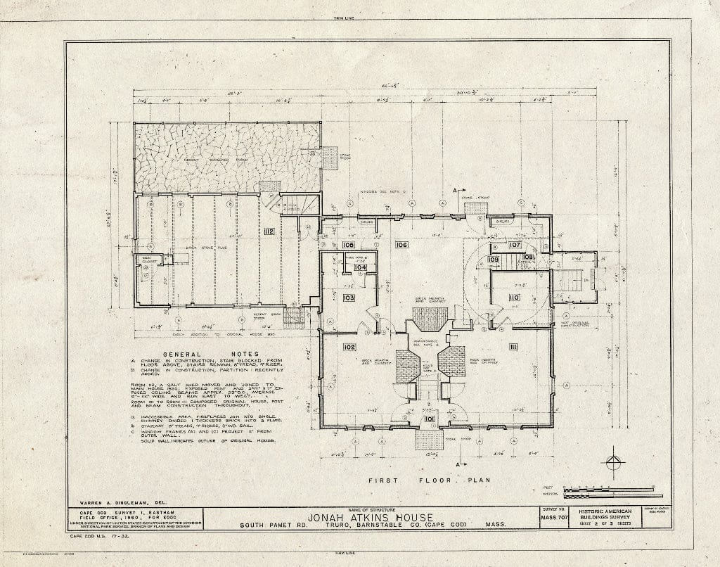 Blueprint 2. First Floor Plan - Jonah Atkins House, South Pamet Road, Truro, Barnstable County, MA