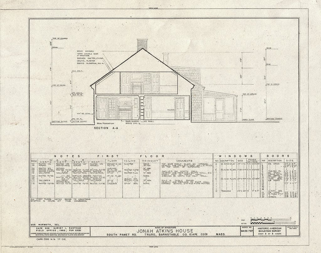 Blueprint 3. Section A-A - Jonah Atkins House, South Pamet Road, Truro, Barnstable County, MA