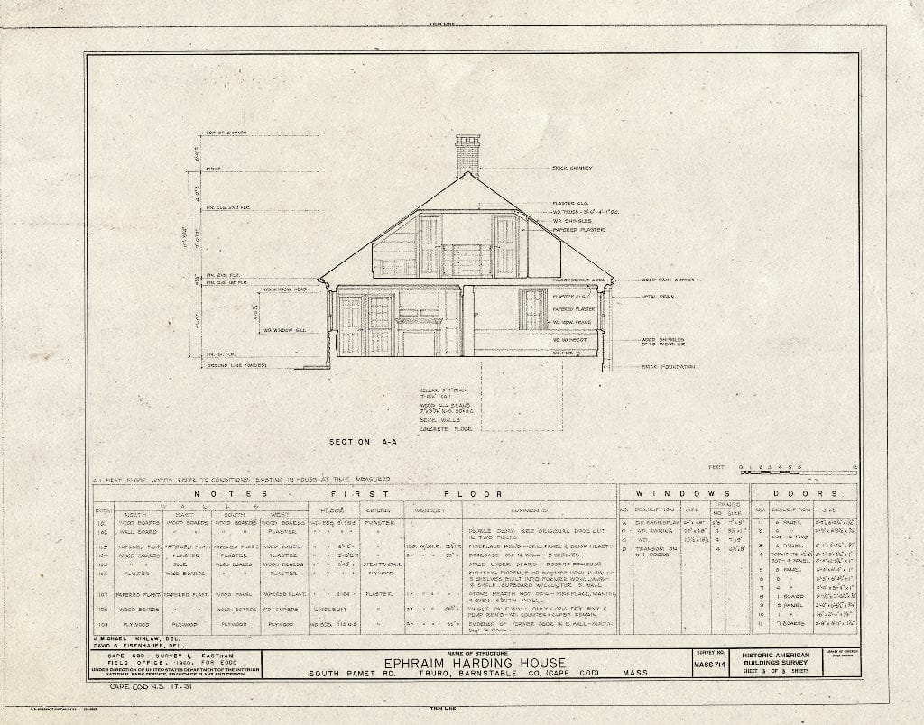 Blueprint 3. Section A-A - Ephraim Harding House, South Pamet Road, Truro, Barnstable County, MA