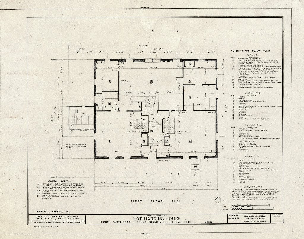 Blueprint 2. First Floor Plan - Lot Harding House, North Pamet Road, Truro, Barnstable County, MA